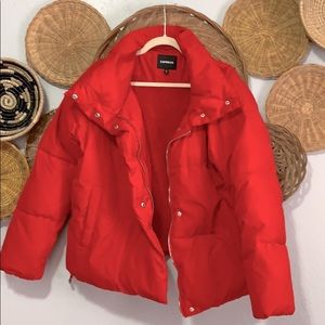 Red puffer jacket
